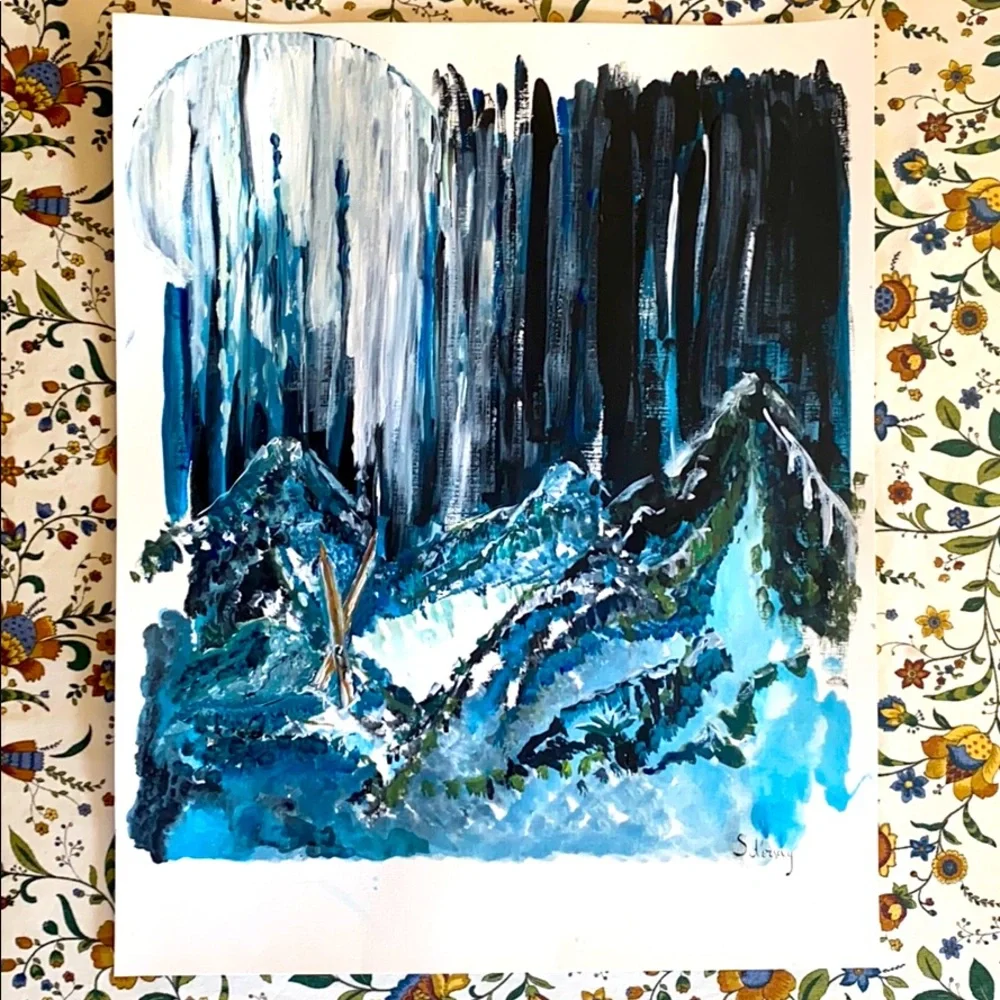Moonlight Vermont Ski Original Painting Acrylic on Canvas